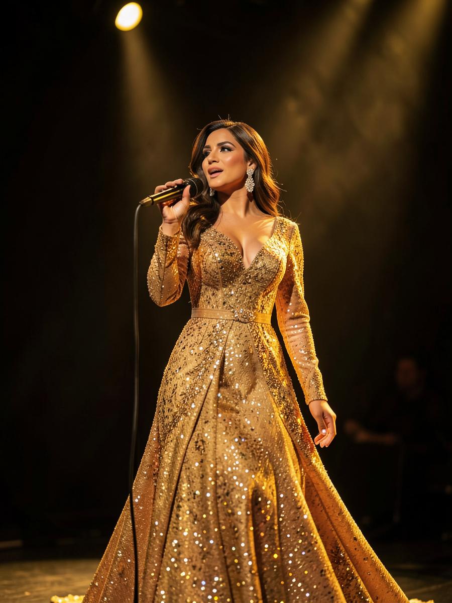 Sängerin in goldenem Abendkleid auf der Bühne