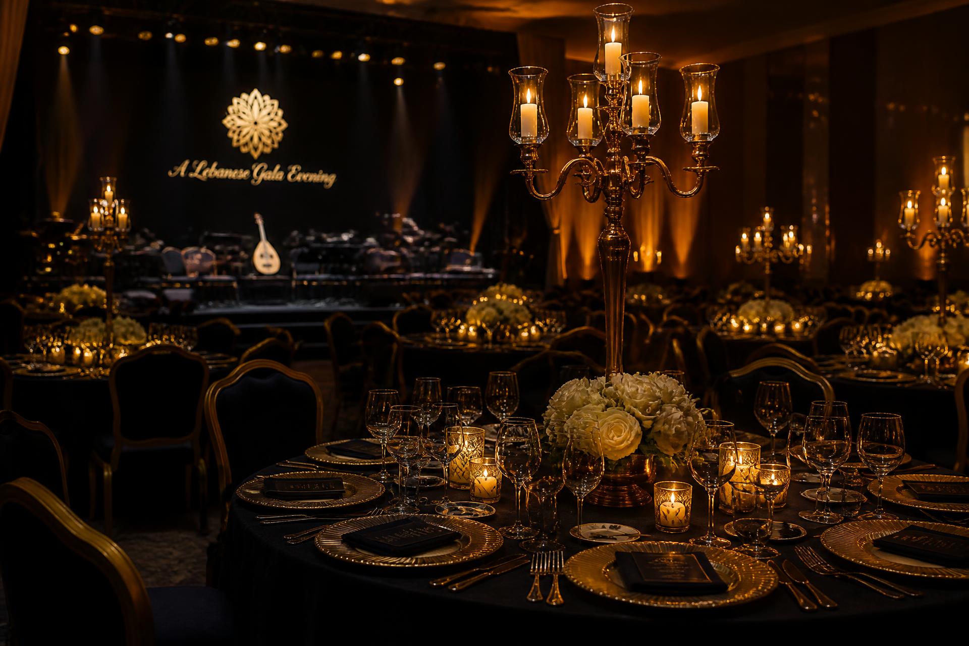 Festlich gedeckte Tische mit Kerzenleuchtern bei einem orientalischen Gala-Abend